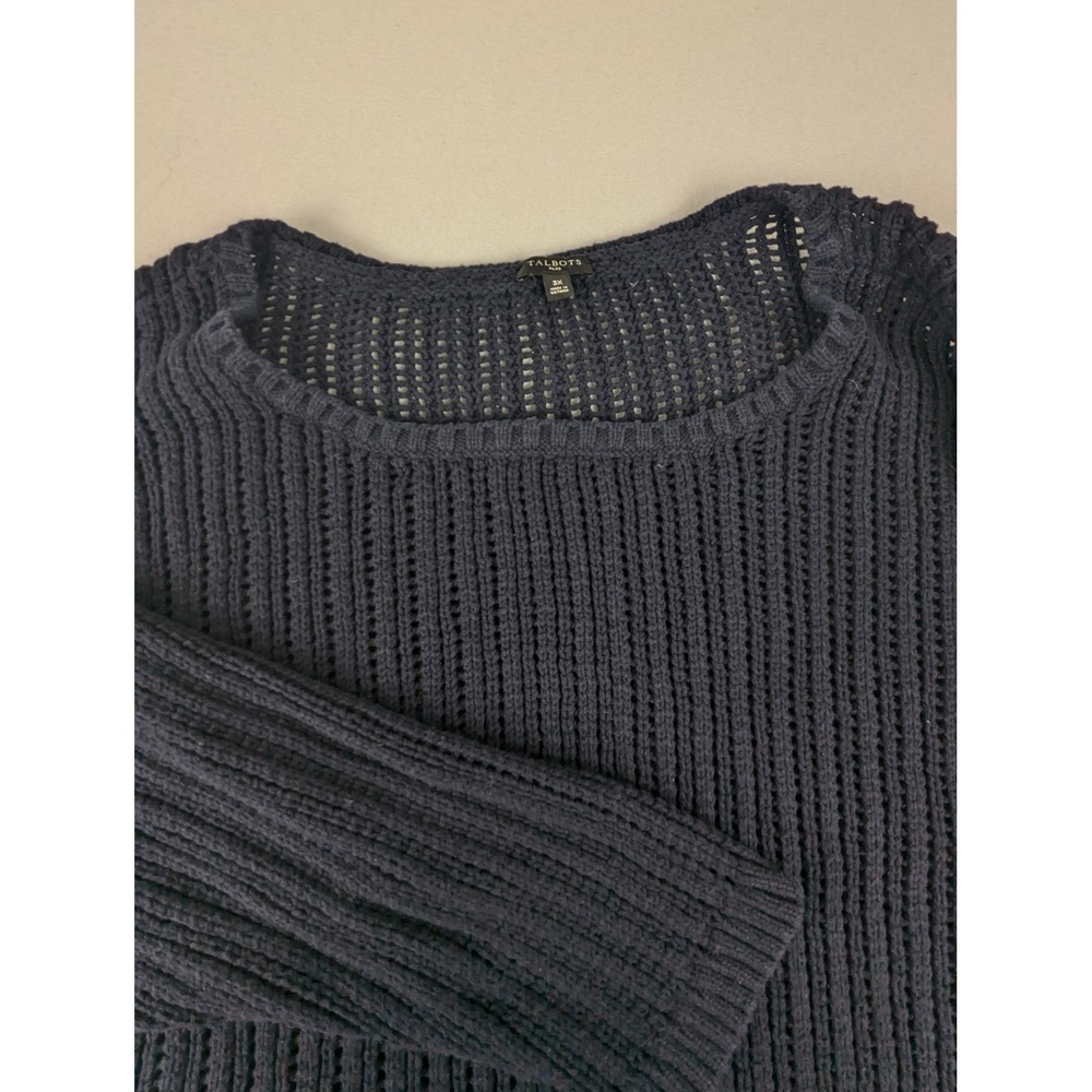 Talbots Plus Womens 3X Navy Blue 100% Cotton Open Knit Ribbed Pullover Sweater - Picture 3 of 12